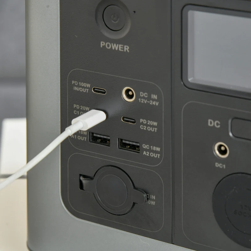 Outsunny Estação de Energia Portátil com Bateria de Litio de 614,4Wh Saídas de CA Tipo-C USB Gerador Elétrico Portátil com Luz LED de 2 Modos para Viagem Emergência 29x20,5x21cm Cinza