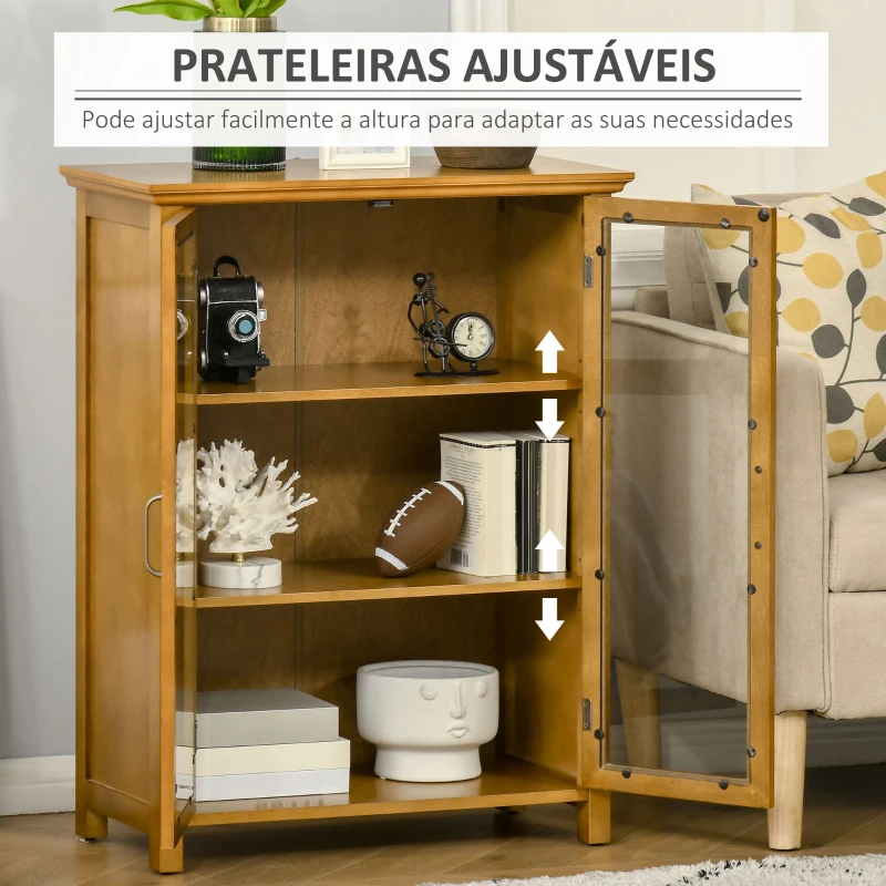 HOMCOM Aparador Auxiliar com 2 Portas de Vidro Armário de Sala de Estar Múltiuso com 2 Prateleiras Interiores Ajustáveis Estilo Rústico para Cozinha Sala de Jantar 66x31,8x86,8 cm Nogueira