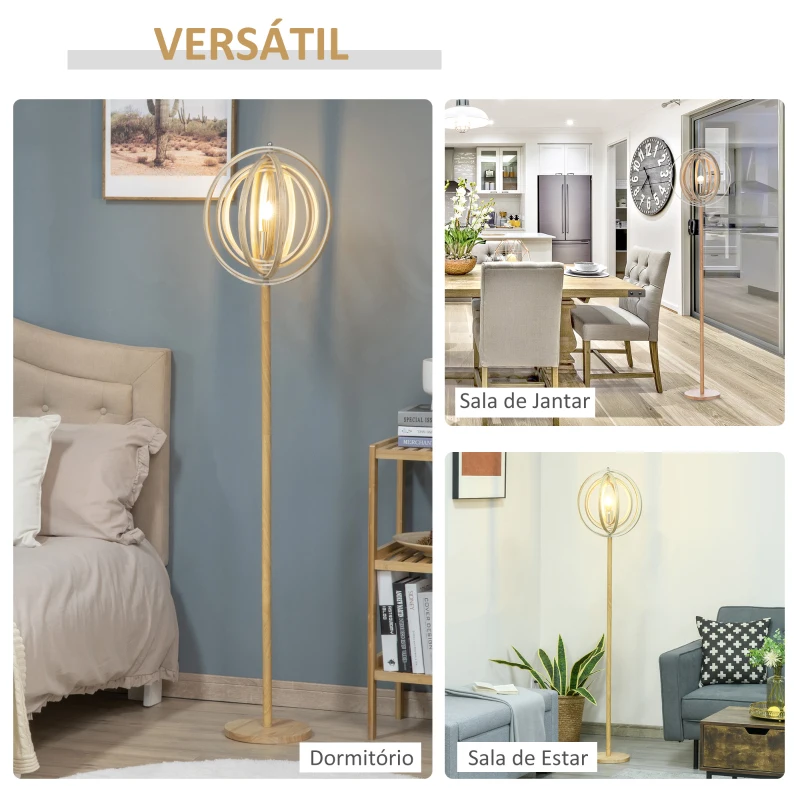 HOMCOM Candeeiro de Pé com Ecrã Giratório de 360° Interruptor de Pé LED E27 Máx. 40W Base de Madeira Candeeiro de Pé para Sala de Estar Dormitório Estúdio 38x38x160cm Natural