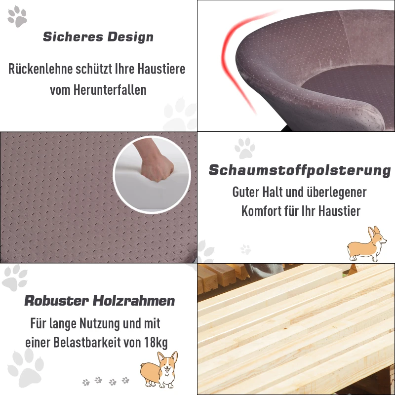 PawHut Hundesofa in Beckenform mit Weichem Bezug, Haustiersofa mit Metallbeinen, Hundebett, Katzensofa, 74 x 68,5 x 31 cm