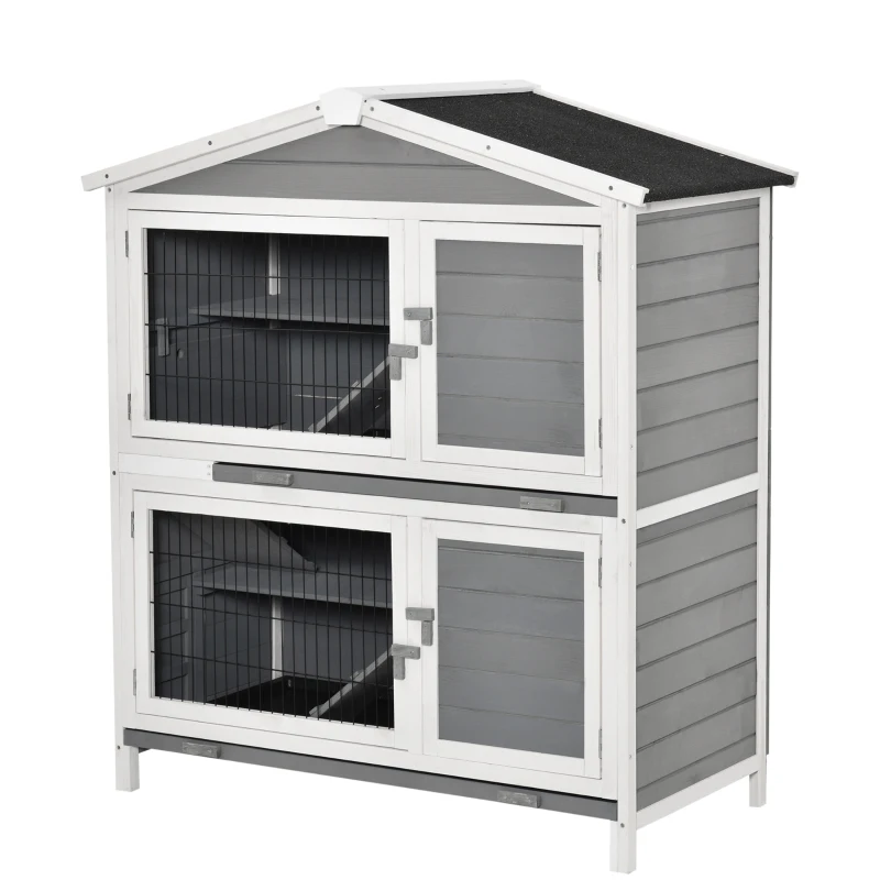 PawHut klatka dla królika dwupoziomowa klatka dla królika z rampą lite drewno kolor jasnoszary 147 x 45,5 x 88,5 cm