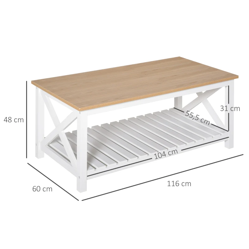 HOMCOM Mesa de Centro para Sala de Estar Mesa de Café com Prateleira de Armazenamento Inferior 116x60x48cm Madeira Natural e Branco
