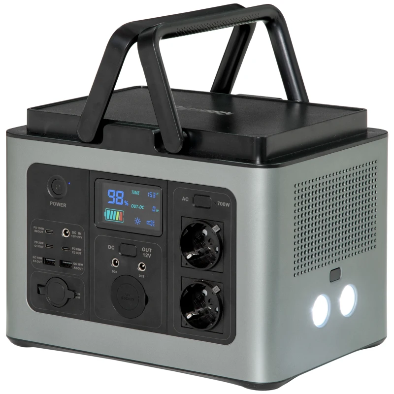 Outsunny Estação de Energia Portátil com Bateria de Litio de 614,4Wh Saídas de CA Tipo-C USB Gerador Elétrico Portátil com Luz LED de 2 Modos para Viagem Emergência 29x20,5x21cm Cinza