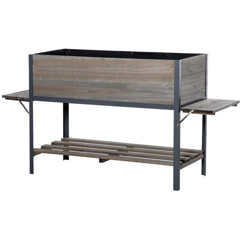 Outsunny Hochbeet Pflanzkasten mit 2 faltbaren Ablagen unterer Ablagefläche Blumenkasten Blumentopf Kräuterbeet Massivholz Hellgrau 140 x 46 x 75,5 cm