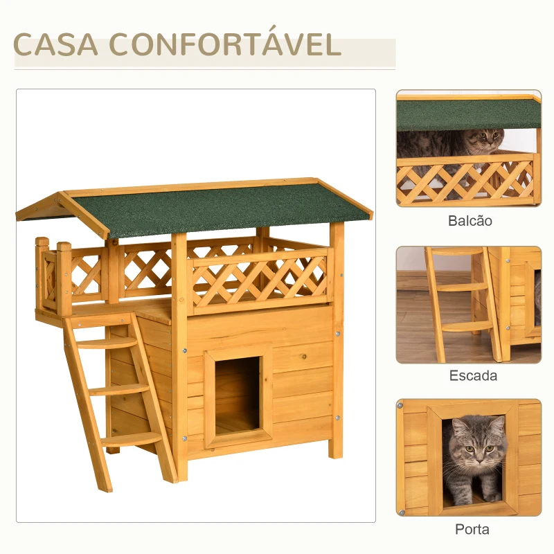 PawHut Casa para Gatos de Madeira 77x50x73cm Casa para Gatos com 2 Níveis com Teto Asfáltico Terraço Cercado Caverna e Escada para Interior e Exterior Madeira Natural
