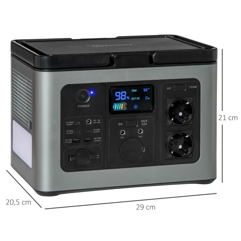 Outsunny Estação de Energia Portátil com Bateria de Litio de 614,4Wh Saídas de CA Tipo-C USB Gerador Elétrico Portátil com Luz LED de 2 Modos para Viagem Emergência 29x20,5x21cm Cinza