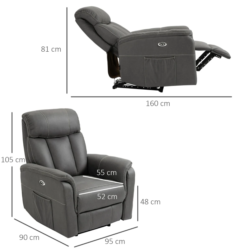 HOMCOM Poltrona Reclinável Elétrica Estofada em Tecido Técnico Poltrona Relax com Reclinação 155° Apoio para os Pés e 2 Bolsos Laterais 95x90x105cm Cinza