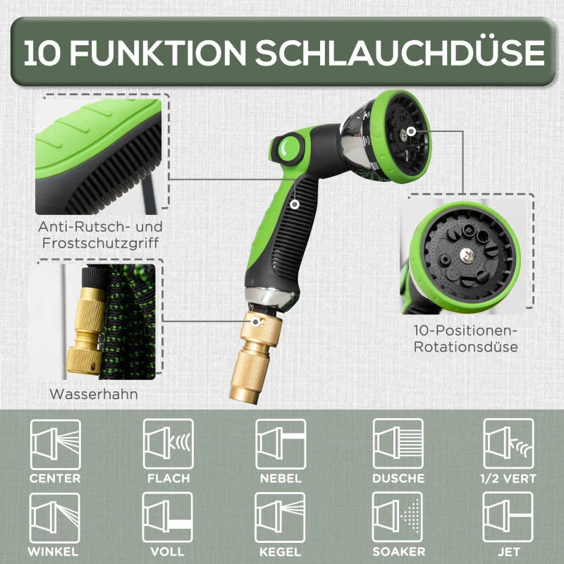 Outsunny Gartenschlauch flexibel 30 m mit 10 Funktionen Sprühdüse Wasserschlauch mit 1/2 Zoll & 3/4 Zoll Anschluss Schlauch dehnbar für Autowäsche Bewässerung