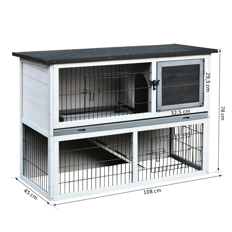 PawHut® Zagroda dla Zajęcy Klatka dla Królików z Kojcem Dwupiętrowa Lite Drewno Szary