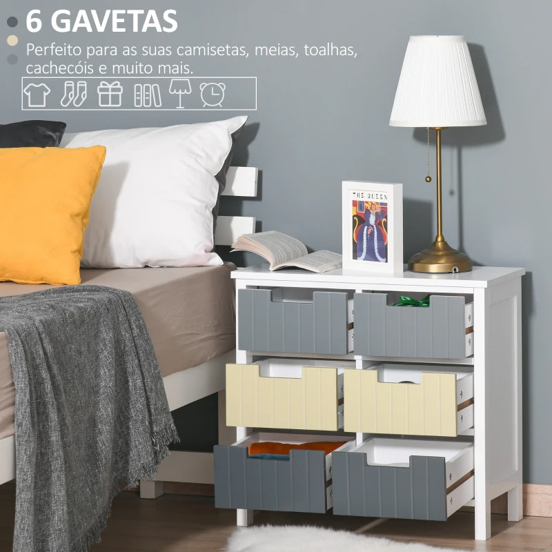 HOMCOM Cómoda de Madeira com 6 Gavetas Cómoda Auxiliar de Armazenamento com Pés Elevados Estilo Moderno para Dormitórios Sala de Estar Casa de Banho 60x28x58cm Multicor