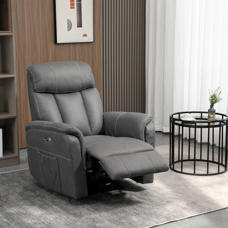HOMCOM Poltrona Reclinável Elétrica Estofada em Tecido Técnico Poltrona Relax com Reclinação 155° Apoio para os Pés e 2 Bolsos Laterais 95x90x105cm Cinza
