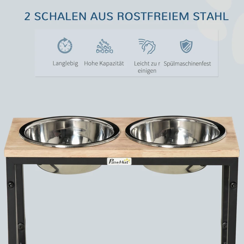 PawHut erhöhter Hundenapf Doppelnapf Futternapf mit Stahlnäpfen Haustier Fressnapf Kiefernholz Schwarz 43 x 21 x 27 cm