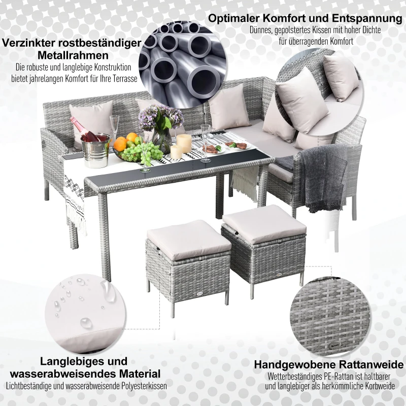 Outsunny 5-delige tuinmeubelset, rotan zitgroep, metaal, grijs