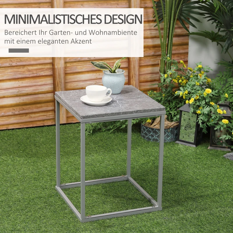 Outsunny Moderne Bijzettafel voor Buiten – Grijs Marmeren Tafelblad met Metaal Frame, Geschikt voor Tuin en Terras