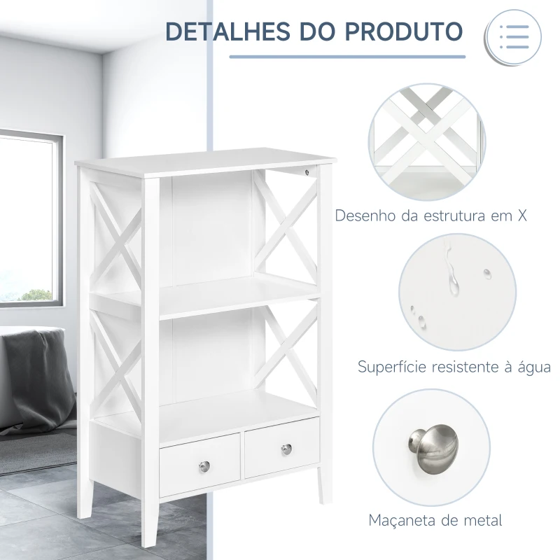 kleankin Armário para Casa de Banho com 2 Prateleiras Abertas e 2 Gavetas Móvel Auxiliar de Armazenamento pra Cozinha Sala de Estar Dormitório 60x30x91,5cm Branco