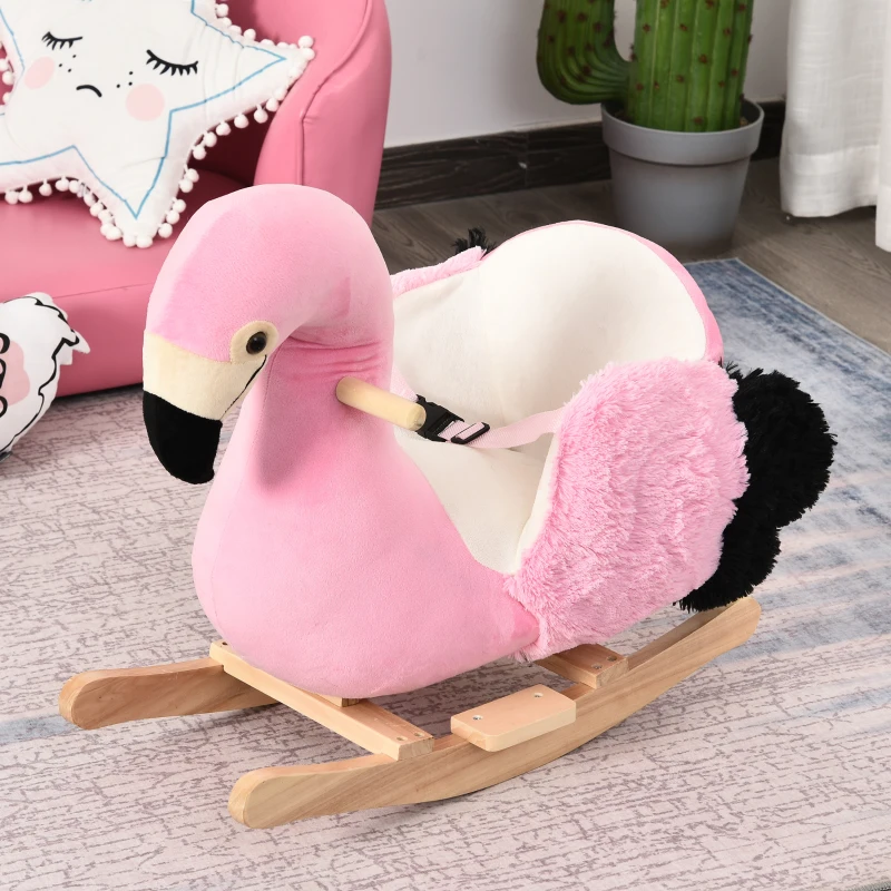 HOMCOM Schommelpaard met veiligheidsgordel schommelspeelgoed flamingo handgrepen pluche