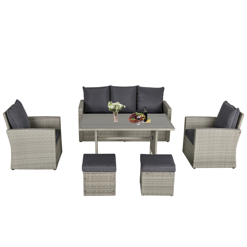 Outsunny Poly Rattan Sitzgruppe 6 tlg. Garten Essgruppe Sofa-Set Sofa Lounge Hocker Hof Balkon Pool PE Rattan Grau
