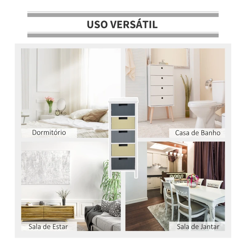 HOMCOM Cómoda de Madeira com 5 Gavetas Cómoda Auxiliar de Armazenamento com Pés Elevados Estilo Moderno para Dormitório Sala de Estar Casa de Banho 35x28x90,5cm Multicor