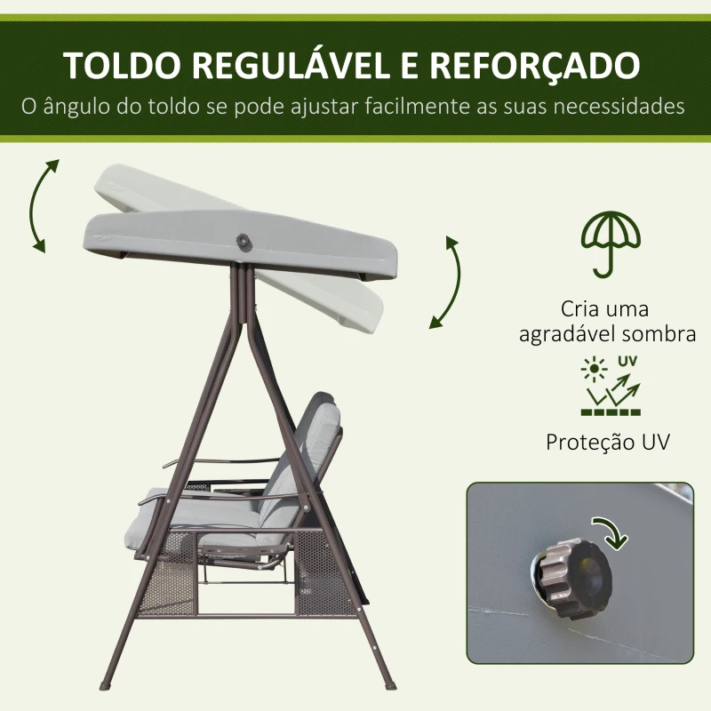 Outsunny Banco Baloiço de Jardim de 3 Lugares com Teto 2 Almofadas Suporte para Bebidas e Estrutura de Metal para Terraço Balcão Exterior Carga Máxima 360kg 206x116x183cm Cinza