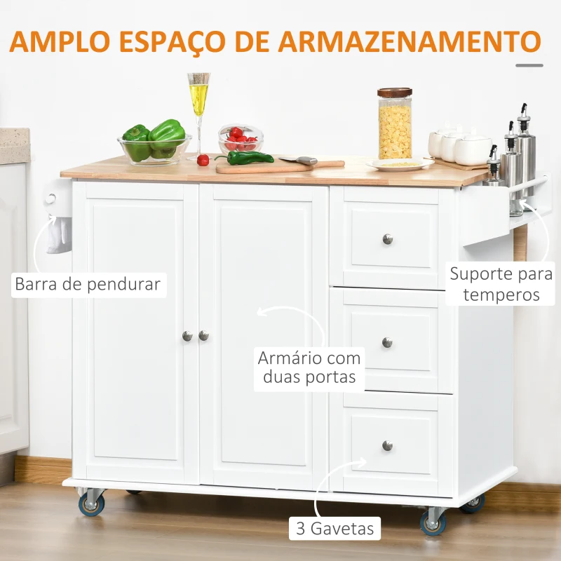 HOMCOM Carrinho de Cozinha com Rodas Carrinho de Cozinha com Bancada Rebatível 3 Gavetas 1 Armário com Prateleira Interior Ajustável e Suporte para Temperos 128,8x75,5x92,5cm Branco e Natural