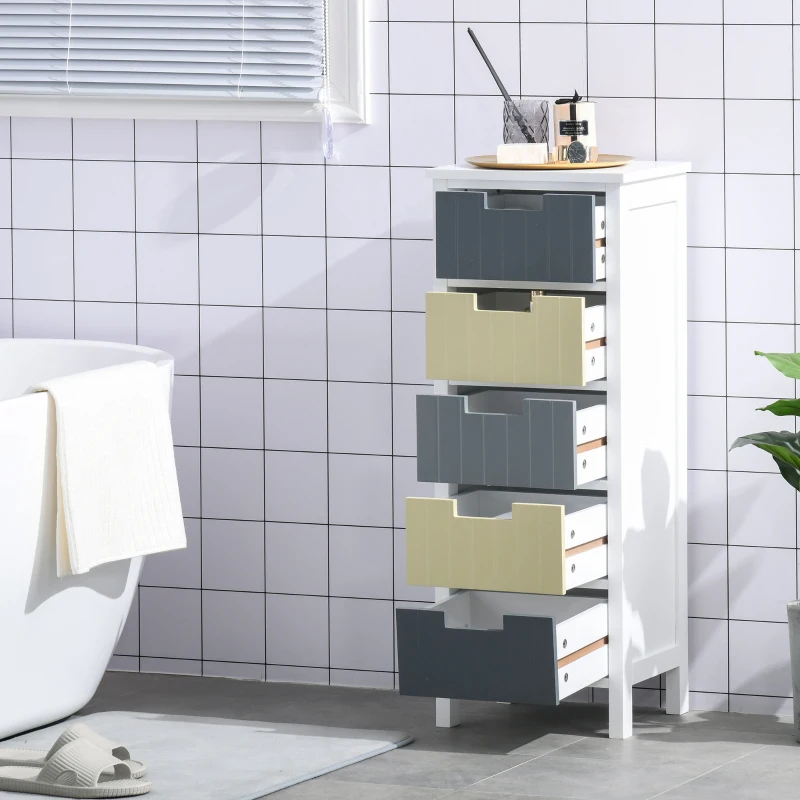 HOMCOM Cómoda de Madeira com 5 Gavetas Cómoda Auxiliar de Armazenamento com Pés Elevados Estilo Moderno para Dormitório Sala de Estar Casa de Banho 35x28x90,5cm Multicor