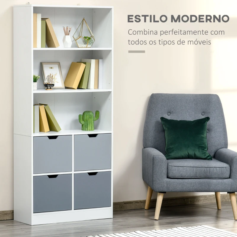 HOMCOM Estante de Livros com 4 Gavetas 3 Prateleiras de Armazenamento e Prateleira Ajustável Móvel Organizador para Escritório Sala de Estar Estúdio 76x30x173cm Branco e Cinza