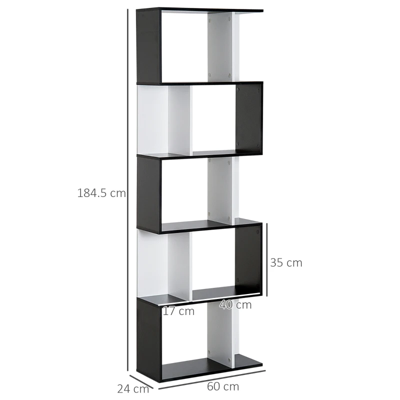 HOMCOM Mobile Libreria in Legno a 5 Ripiani con Divisorio, 60x24x184.5 cm, Bianco e Nero
