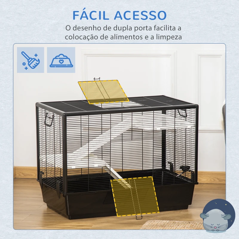 PawHut Gaiola Pequena para Roedores 80x48x58cm Gaiola para Hamster com 2 Portas 2 Rampas 2 Plataformas Comedouro e 2 Alças Portátil Preto