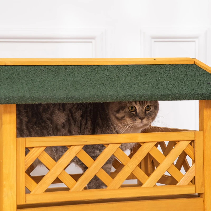 PawHut Casa para Gatos de Madeira 77x50x73cm Casa para Gatos com 2 Níveis com Teto Asfáltico Terraço Cercado Caverna e Escada para Interior e Exterior Madeira Natural