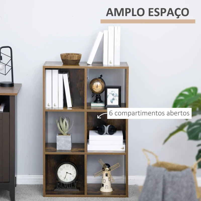 HOMCOM Estante para Livros Estante de Madeira de 3 Níveis com 6 Compartimentos de Armazenamento com Anti-Rolamento para Escritório Estúdio Sala de Estar 60x30x93cm Marrom Rústico
