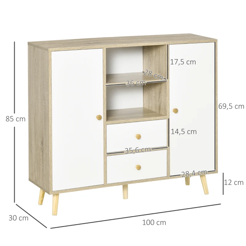 HOMCOM Aparador de Sala de Estar com 2 Portas 2 Gavetas e 2 Prateleiras Abertas Móvel Auxiliar de Armazenamento para Cozinha Entrada 100x30x85cm Branco e Natural