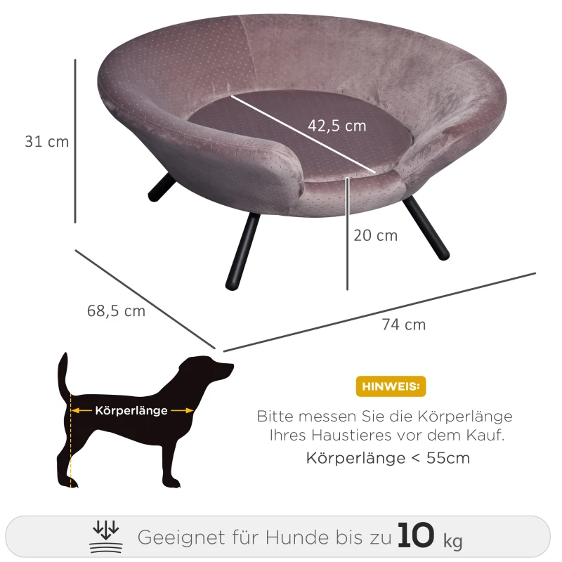 PawHut Hundesofa in Beckenform mit Weichem Bezug, Haustiersofa mit Metallbeinen, Hundebett, Katzensofa, 74 x 68,5 x 31 cm