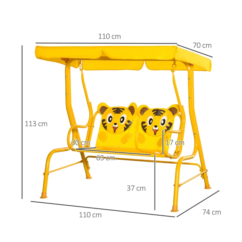 Outsunny kinderschommelstoel met dak voor 3-6 jaar geel 110 x 74 x 113 cm