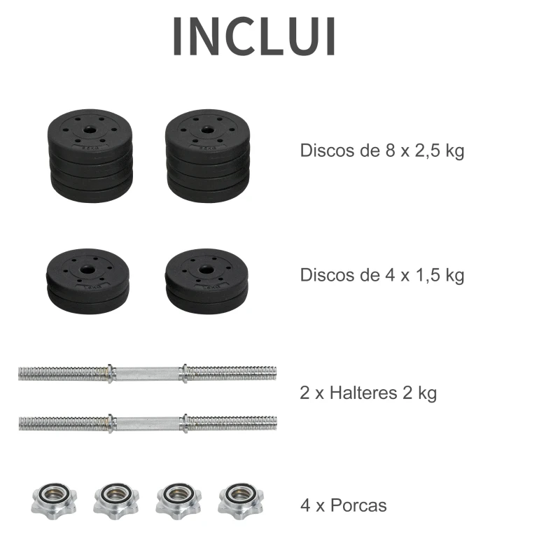 HOMCOM Conjunto de Halteres Ajustáveis 30kg com Barra de Conexão de Aço e Discos Desmontáveis Conjunto de Pesos para Treinamento em Casa Academia Escritório Preto