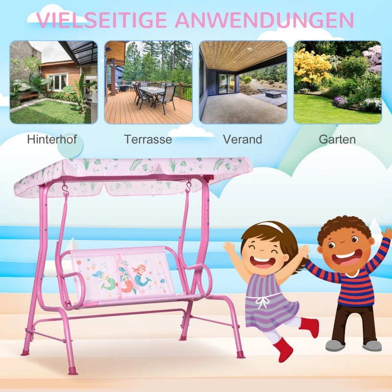 Outsunny Kinder Hollywoodschaukel 2-Sitzer Kinderschaukel mit verstellbarem Sonnendach Gartenschaukel für 3-6 Jahre Kinder Metall Rosa 110 x 74 x 113 cm