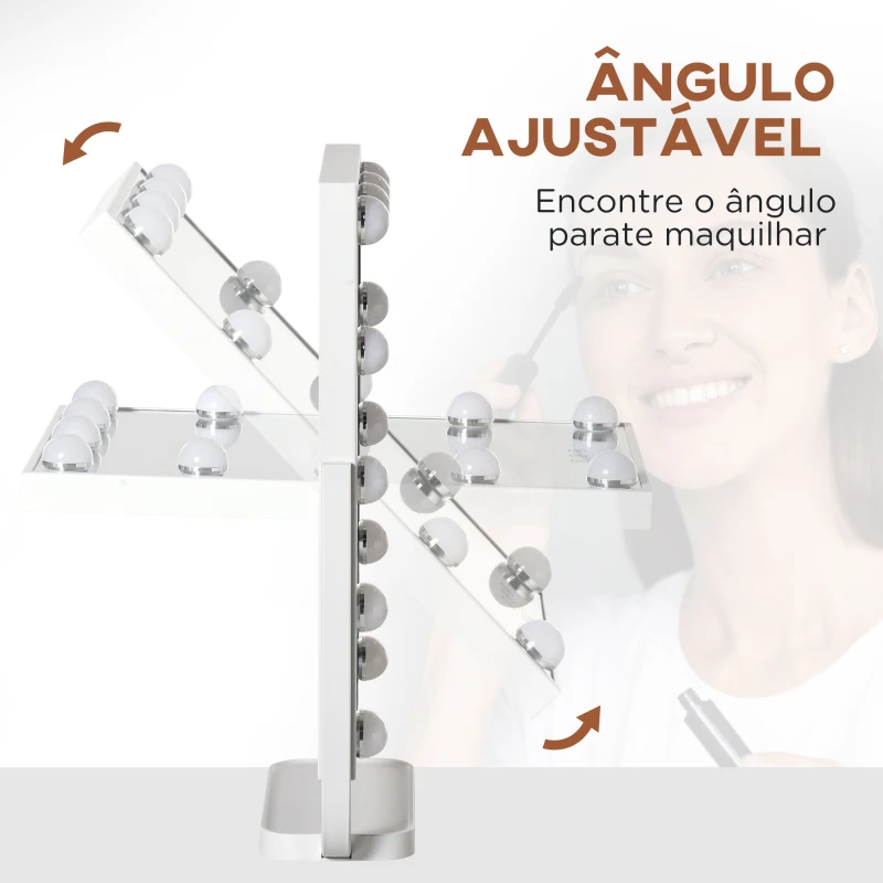 HOMCOM Espelho de Maquilhagem Espelho de Mesa com 12 Luzes LED 3 Temperaturas de Cores Ecrã Tátil Ajustável e Função de Memória para Dormitório Casa de Banho 32,8x11x47,4cm Branco