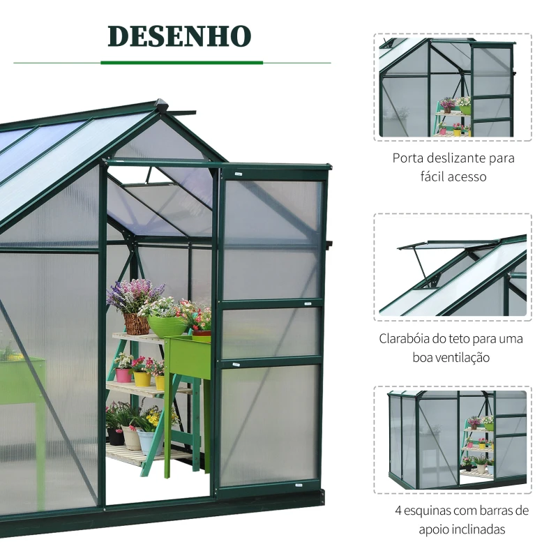 Outsunny Estufa de Jardim 2x2,m de Policarbonato e Alumínio Estufa com  Clarabóia Proteção UV 30 e Base 3,65 m² para Vasos Cultivos de Plantas e Flores Transparente