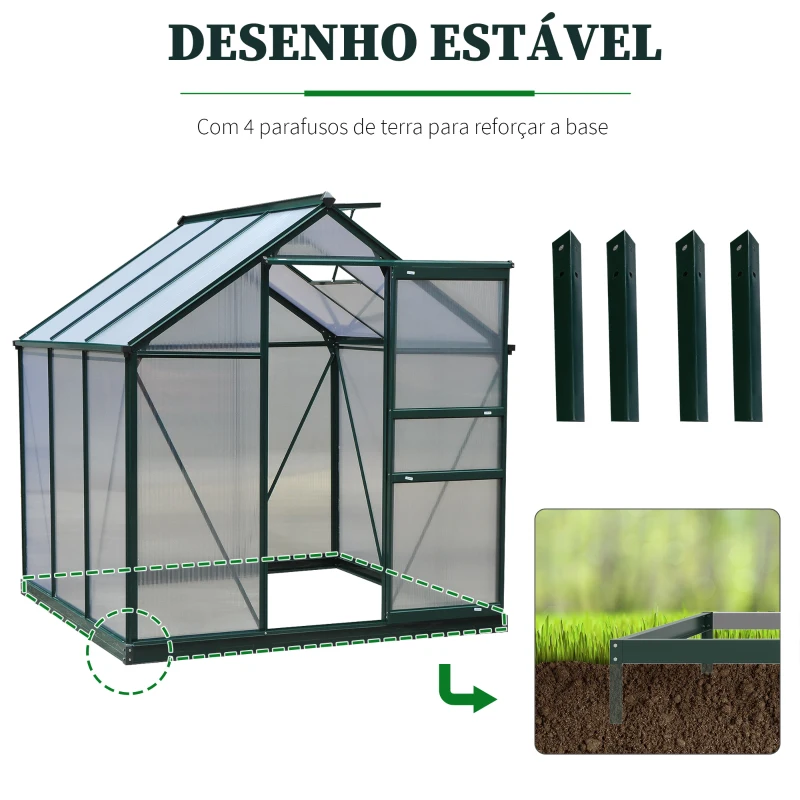 Outsunny Estufa de Jardim 2x2,m de Policarbonato e Alumínio Estufa com  Clarabóia Proteção UV 30 e Base 3,65 m² para Vasos Cultivos de Plantas e Flores Transparente