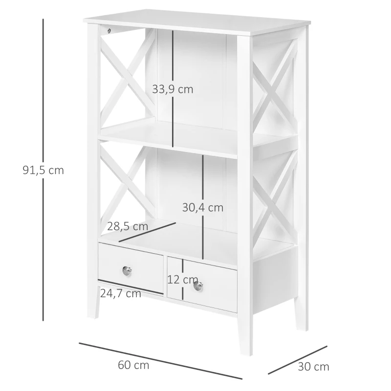 kleankin Armário para Casa de Banho com 2 Prateleiras Abertas e 2 Gavetas Móvel Auxiliar de Armazenamento pra Cozinha Sala de Estar Dormitório 60x30x91,5cm Branco