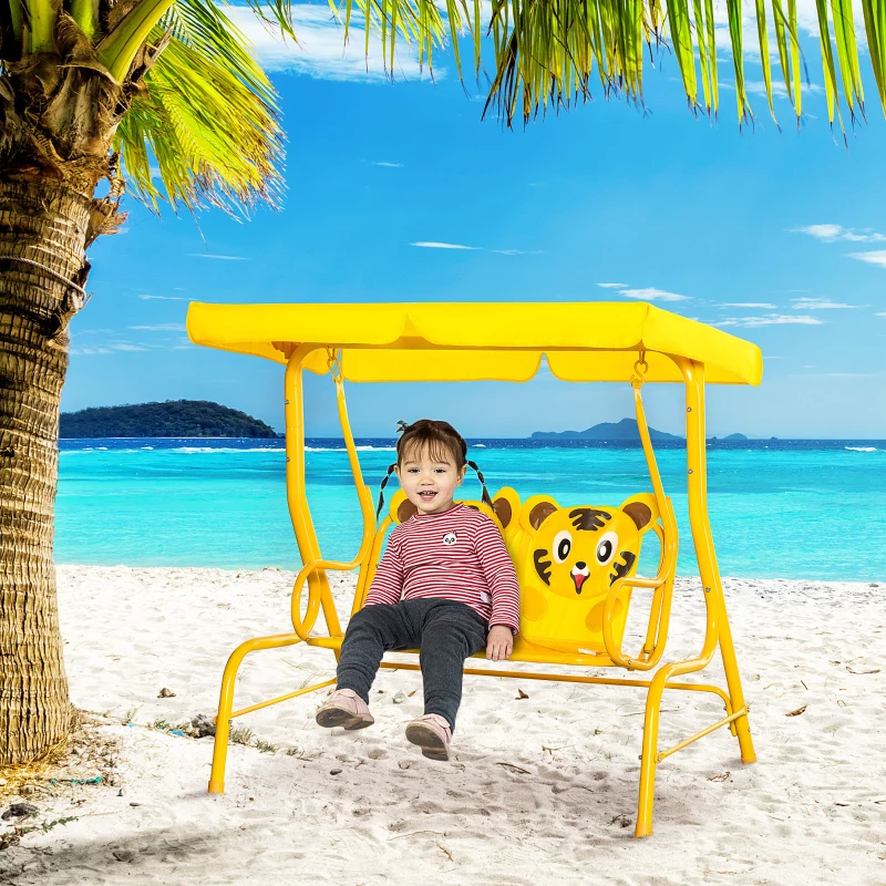 Outsunny kinderschommelstoel met dak voor 3-6 jaar geel 110 x 74 x 113 cm