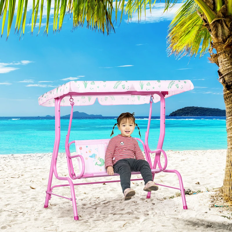 Outsunny Kinder Hollywoodschaukel 2-Sitzer Kinderschaukel mit verstellbarem Sonnendach Gartenschaukel für 3-6 Jahre Kinder Metall Rosa 110 x 74 x 113 cm