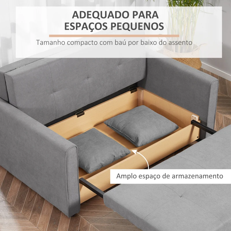 HOMCOM Sofá Cama de 2 Lugares Estofado em Algodão com 2 Almofadas Apoio para os Braços e Armazenamento Sofá Duplo Moderno para Sala de Estar Escritório 152x101x81cm Cinza