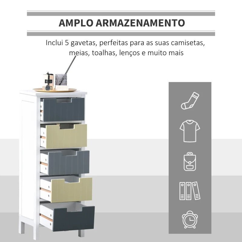 HOMCOM Cómoda de Madeira com 5 Gavetas Cómoda Auxiliar de Armazenamento com Pés Elevados Estilo Moderno para Dormitório Sala de Estar Casa de Banho 35x28x90,5cm Multicor