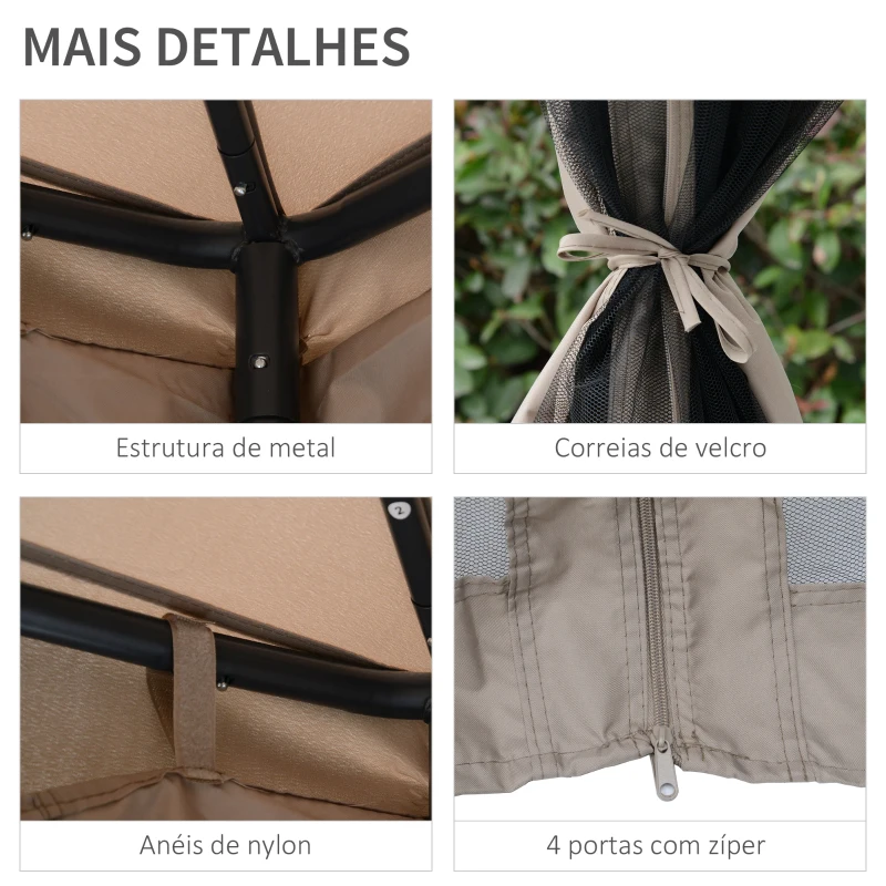 Outsunny Pérgola de Jardim 3x3m Pérgola de Exterior com Duplo Teto de Ventilação 8 Orifícios de Drenagem e 4 Telas Mosquiteiras com Fecho de Correr para Festas Pátio Marrom Cáqui