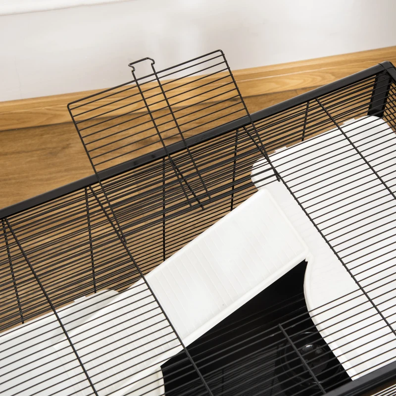 PawHut Gaiola Pequena para Roedores 80x48x58cm Gaiola para Hamster com 2 Portas 2 Rampas 2 Plataformas Comedouro e 2 Alças Portátil Preto