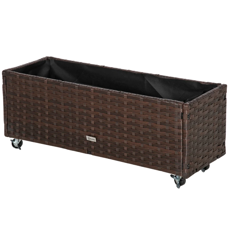 Outsunny Raised Garden Bed Poly Rattan with Wheels Planter Box with Drain Holes Flower Pot Coffe Brown 94.5 x 31 x 36 cm