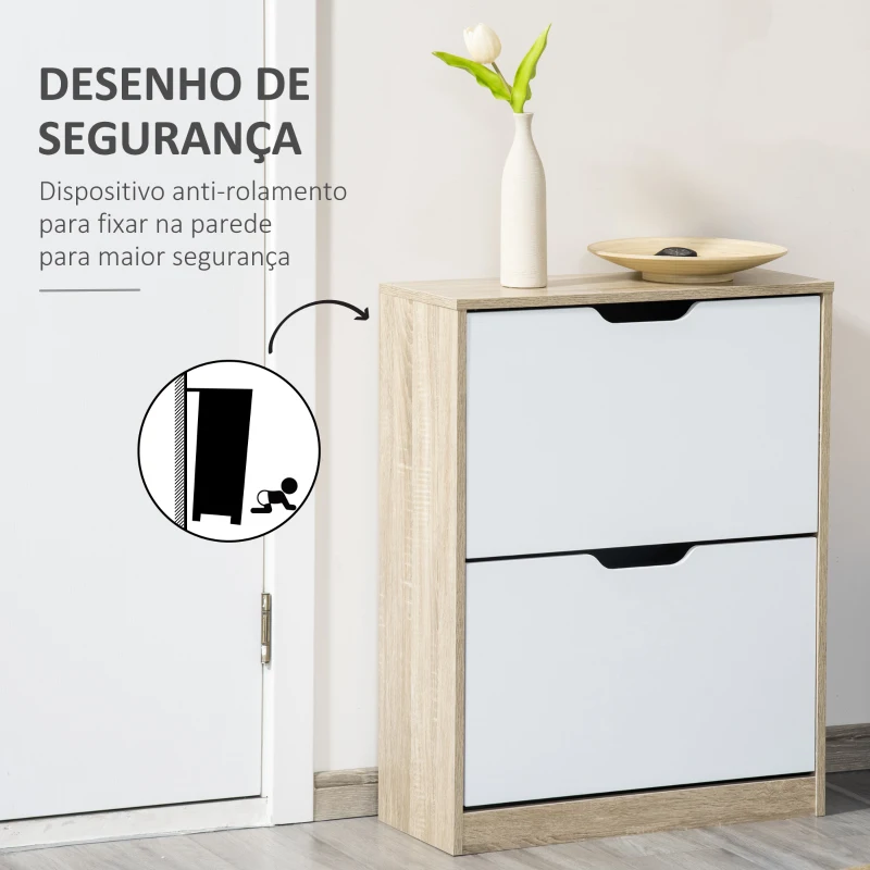 HOMCOM Armário para Sapatos Sapateira de Madeira com 2 Portas Abatíveis 4 Prateleiras de Armazenamento Capacidade 8 Pares de Sapatos para Entrada Corredor Dormitório 62,5x26x81cm Branco e Natural