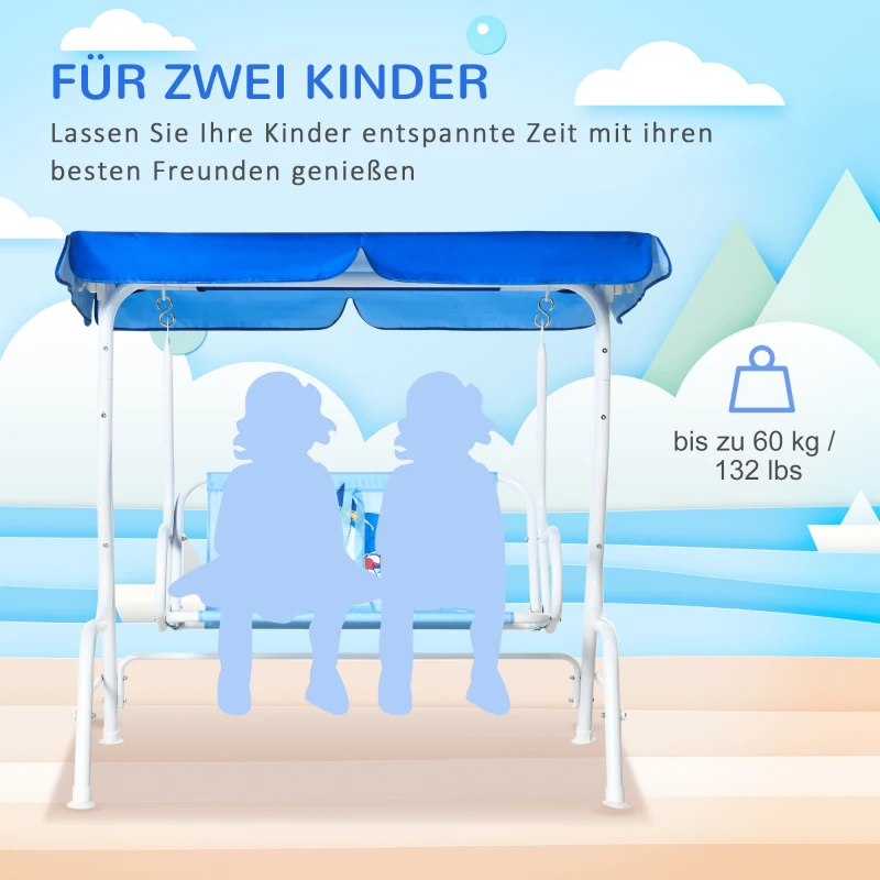 Outsunny Kinder Hollywoodschaukel 2-Sitzer Kinderschaukel mit verstellbarem Sonnendach Gartenschaukel für 3-6 Jahre Kinder Metall Blau 110 x 74 x 113 cm