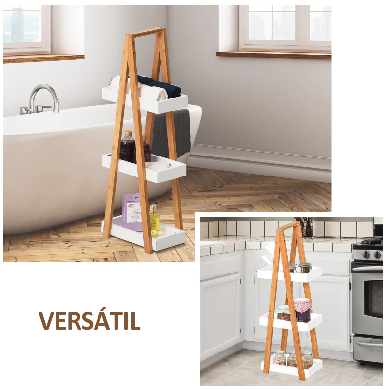 kleankin Estante de Bambú para Casa de Banho com 3 Prateleiras de Armazenamento Móvel Organizador para Cozinha Sala de Estar Lavanderia 30x18x81cm Madeira e Branco