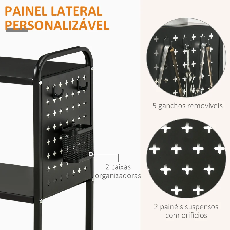 HOMCOM Carrinho de Cozinha com Rodas Carrinho de Armazenamento de 3 Níveis com 5 Ganchos 2 Cestas Alça de Transporte e Rodas com Freio para Casa de Banho Escritório Dormitório 70x33,4x80,5cm Preto